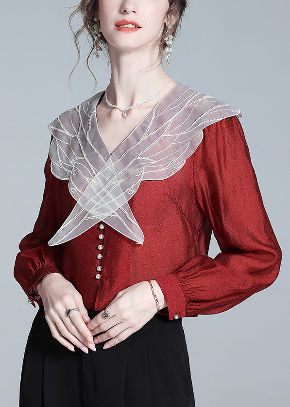 Stylish Red Peter Pan Collar Button Silk Shirt Fall