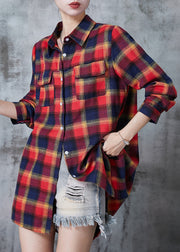 Stylish Red Peter Pan Collar Plaid Cotton Tops Spring