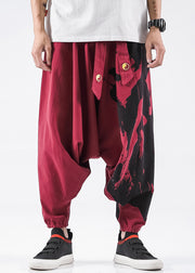 Stylish Red Print Pockets Cotton Mens Harem Pants Summer