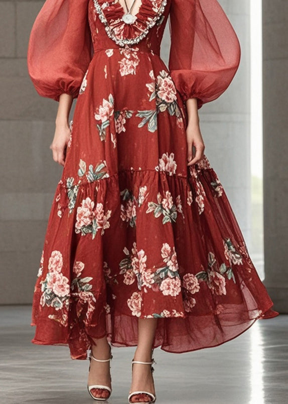 Stylish Red Puff Sleeve Print Chiffon Party Dress