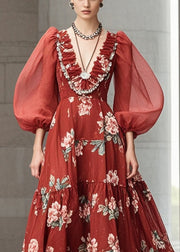 Stylish Red Puff Sleeve Print Chiffon Party Dress