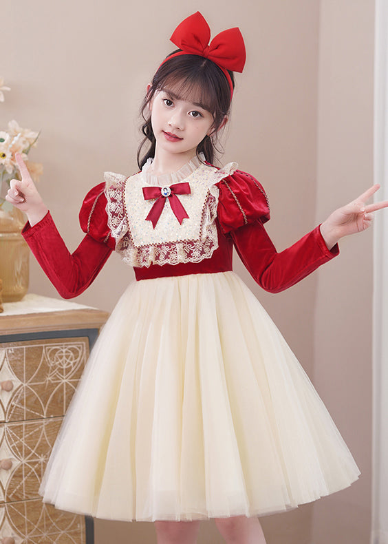 Stylish Red Ruffled Tulle Patchwork Warm Fleece Kids Girls Dress Winter