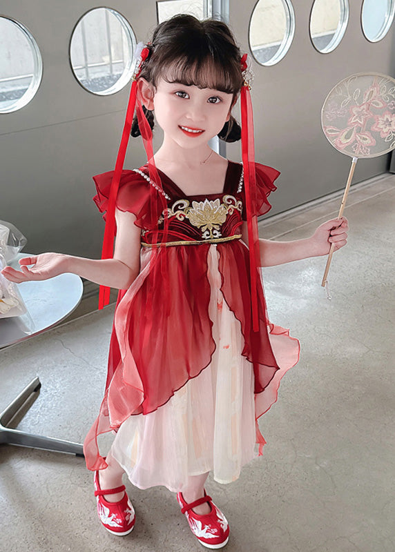 Stylish Red Square Collar Nail Bead Patchwork Chiffon Kids Long Dress Short Sleeve