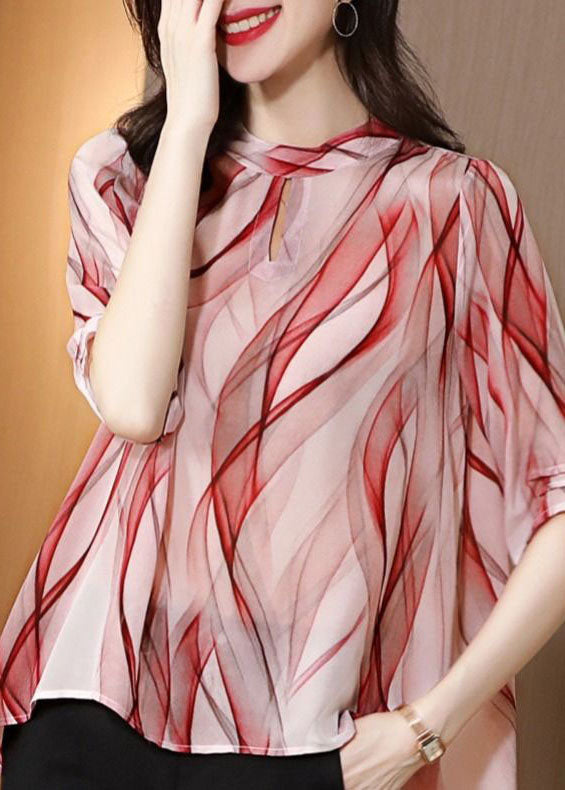 Stylish Red Stand Collar Print Patchwork Chiffon Blouse Top Summer