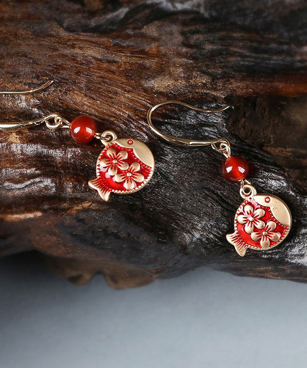 Stylish Red Sterling Silver Agate Jade Cloisonne Drop Fish Earrings