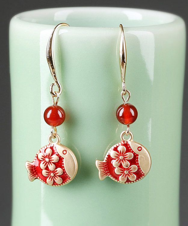 Stylish Red Sterling Silver Agate Jade Cloisonne Drop Fish Earrings