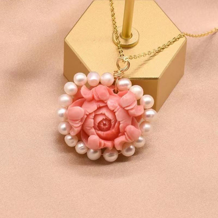 Stylish Red Sterling Silver Overgild Pearl Floral Pendant Necklace