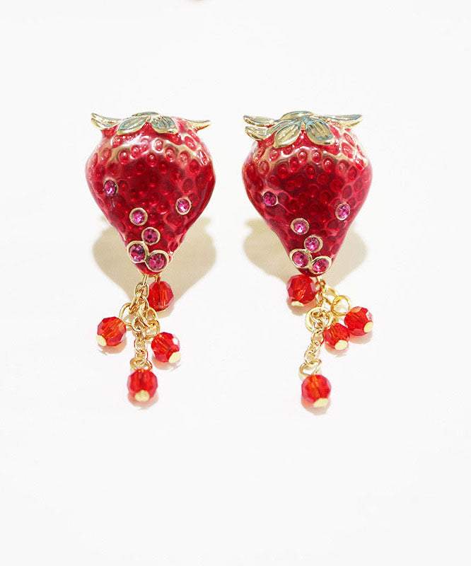 Stylish Red Strawberry Zircon Tassel Copper Drop Earrings