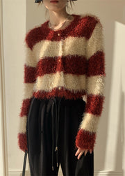 Stylish Red Striped Fluffy Button Knit Cardigans Winter