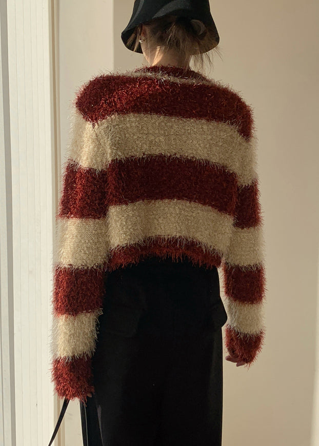 Stylish Red Striped Fluffy Button Knit Cardigans Winter