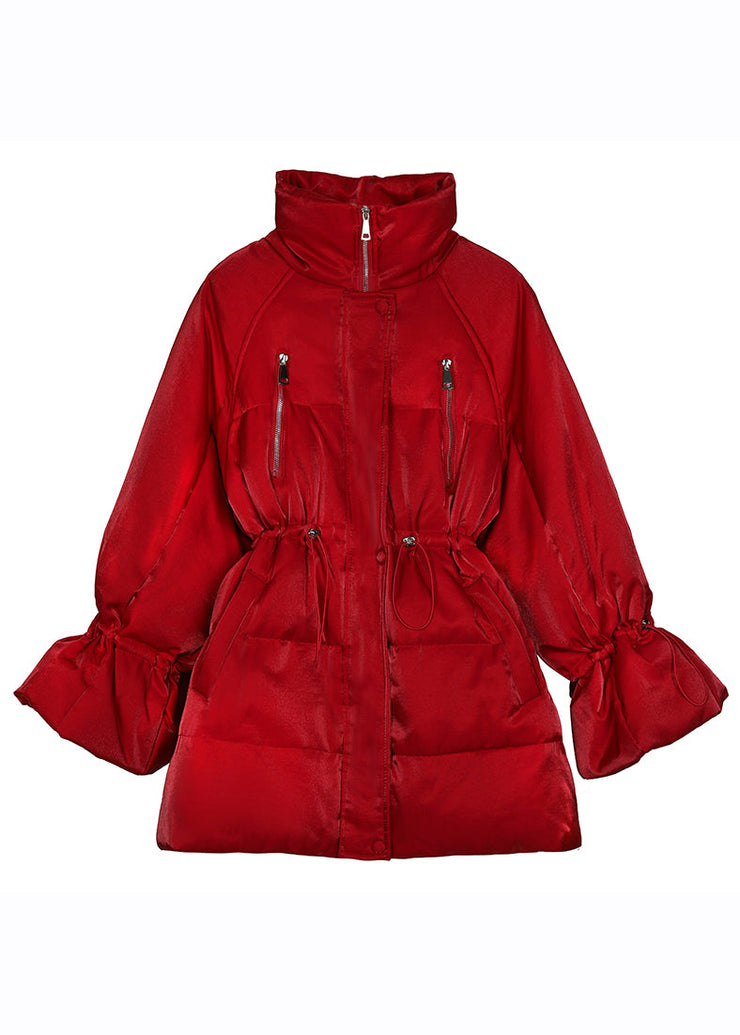 Stylish Red Turtleneck Zippered Drawstring Duck Down Jacket Winter