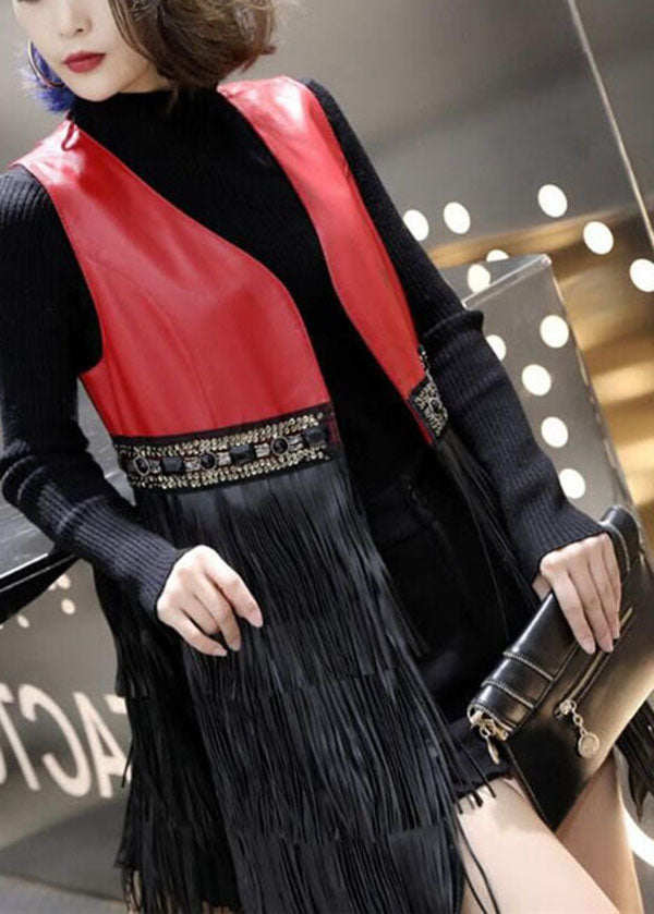 Stylish Red V Neck Patchwork Tassel Sheepskin Long Vest Sleeveless