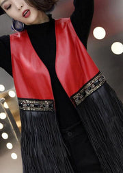 Stylish Red V Neck Patchwork Tassel Sheepskin Long Vest Sleeveless