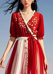 Stylish Red V Neck Print Tie Waist Chiffon Maxi Dresses Summer