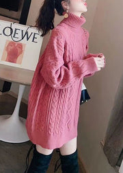 Stylish Rose Hign Neck Patchwork Thick Knit Sweater Dress Winter