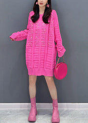 Stylish Rose O Neck Zircon Patchwork Knit Sweaters Dress Fall