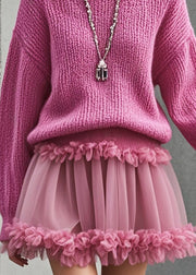 Stylish Rose Ruffled Patchwork Tulle Knit Sweater Dress Fall