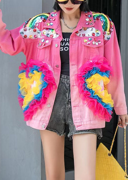 Stylish Rose Ruffled Zircon Sequins Patchwork Denim Coat Spring