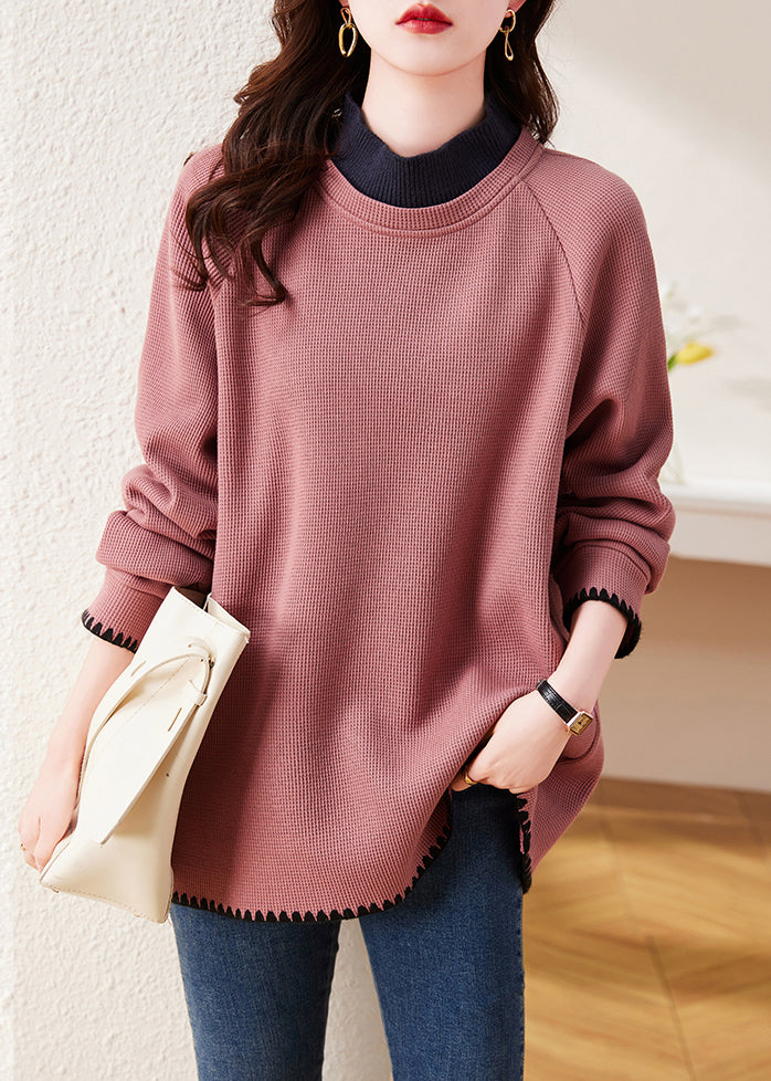 Stylish Rubber Red Stand Collar Patchwork Cotton Pullover Sweatshirt Spring