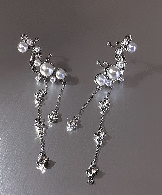 Stylish Silk Copper Zircon Pearl Tassel Drop Earrings