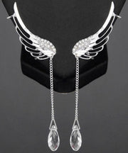 Stylish Silver Color Angel Wings Crystal Metal Tassel Drop Earrings