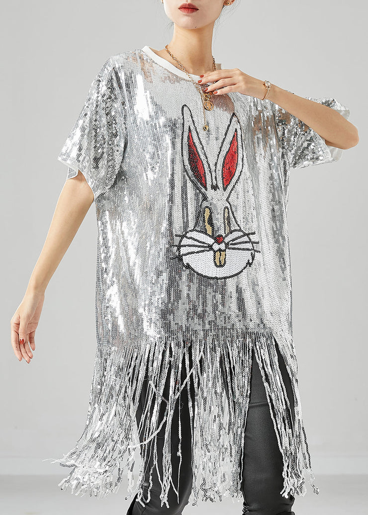 Stylish Silver Sequins Tasseled Rabbit Beach Vest Summer