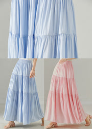 Stylish Sky Blue Elastic Waist Patchwork Cotton Skirt Fall