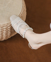 Stylish Splicing Chunky Beige Nail Bead Tulle Slide Sandals