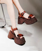 Stylish Splicing Platform Sandals Brown Cowhide Leather Peep Toe