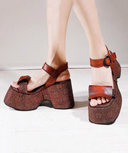 Stylish Splicing Platform Sandals Brown Cowhide Leather Peep Toe