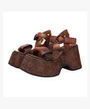 Stylish Splicing Platform Sandals Brown Cowhide Leather Peep Toe