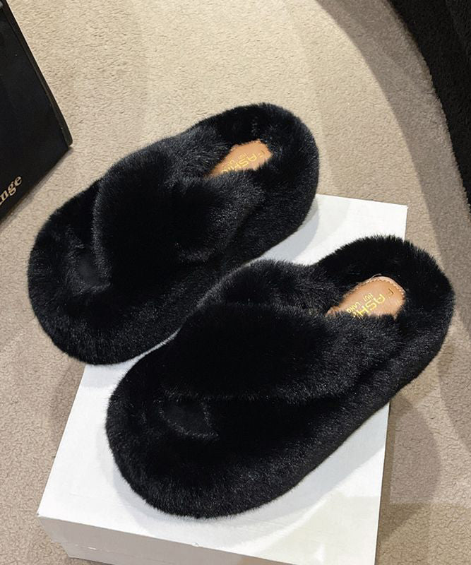 Stylish Splicing Platform Slippers Shoes Khaki Fuzzy Fur