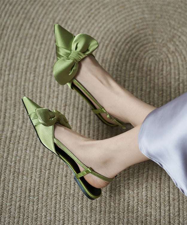 Stylish Splicing Walking Sandals Green Satin Bow Pointed Toe