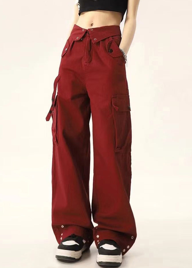 Stylish Streetwear Red Pockets High Waist Denim Pants Spring