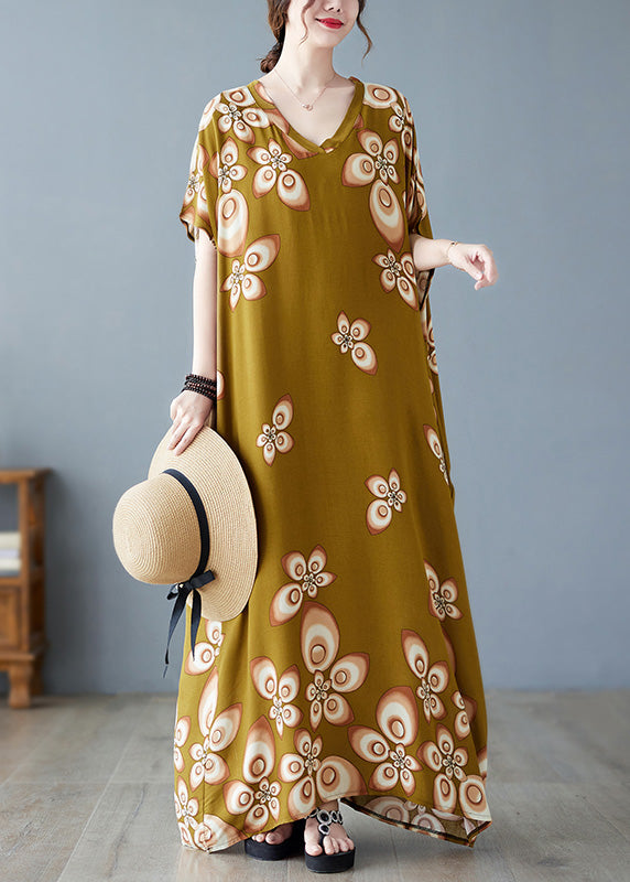 Stylish V Neck Print Cotton Beach Maxi Dresses Short Sleeve