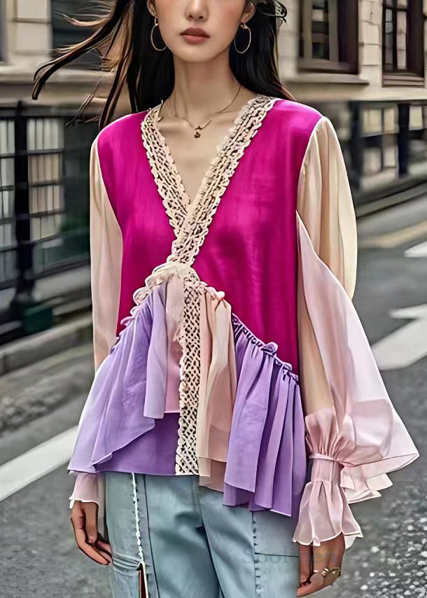 Stylish V Neck Ruffled Patchwork Cotton Blouse Long Sleeve