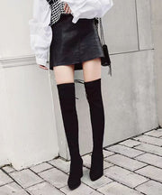 Stylish Versatile Black Knee Boots Chunky Heel Suede