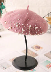 Stylish Versatile Pink Nail Bead Woolen Beret Hat