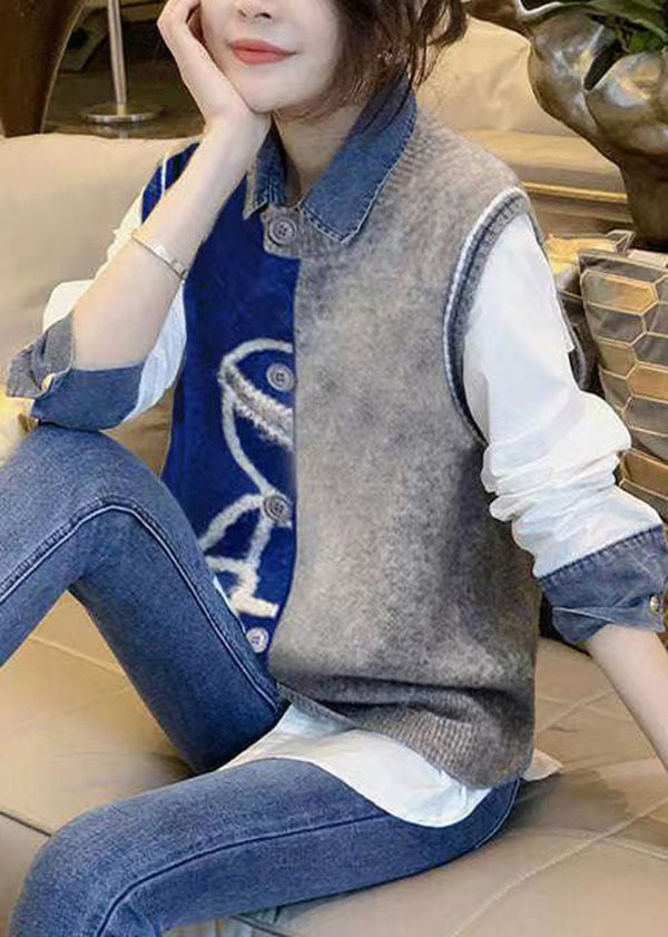 Stylish Vest Denim Patchwork Shirt Autumn New Casual Two-Piece Set