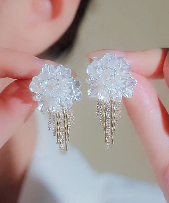 Stylish White Alloy Zircon Floral Tassel Stud Earrings