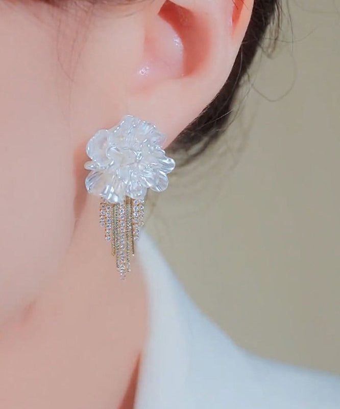 Stylish White Alloy Zircon Floral Tassel Stud Earrings