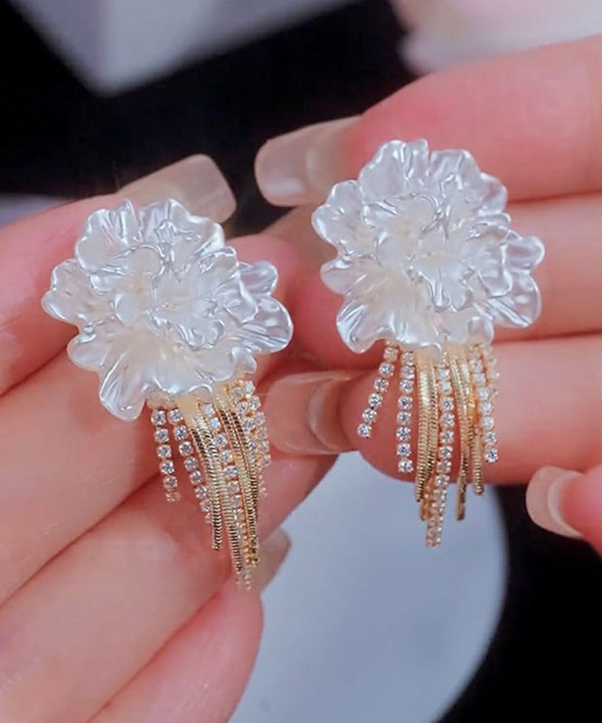 Stylish White Alloy Zircon Floral Tassel Stud Earrings