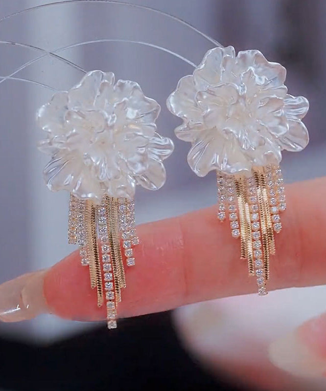 Stylish White Alloy Zircon Floral Tassel Stud Earrings