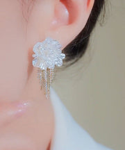 Stylish White Alloy Zircon Floral Tassel Stud Earrings