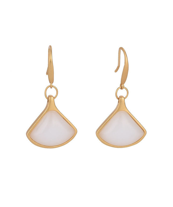 Stylish White Ancient Gold Jade Fan Shaped Drop Earrings