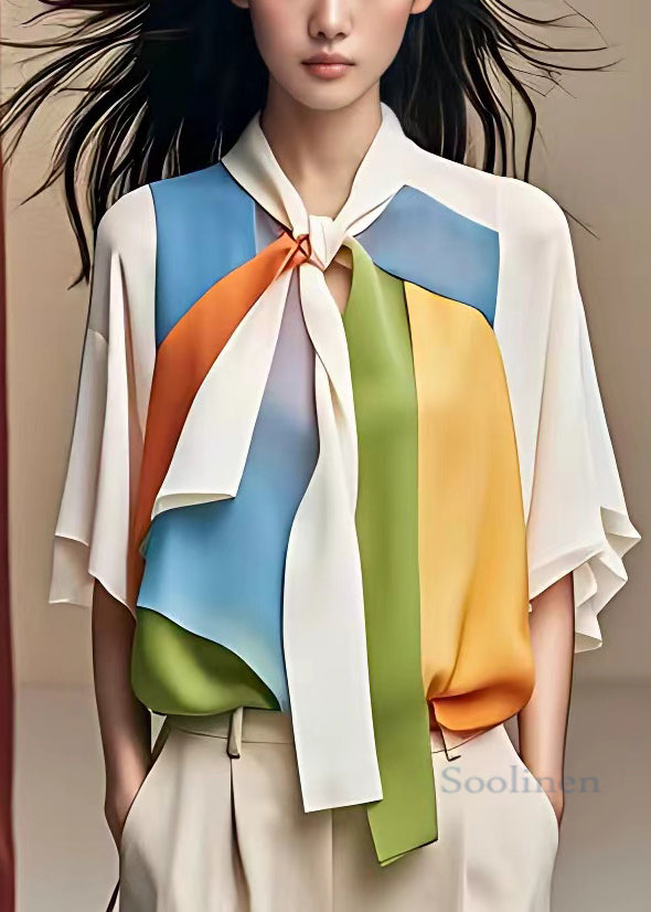 Stylish White Bow Patchwork Chiffon Shirt Half Sleeve