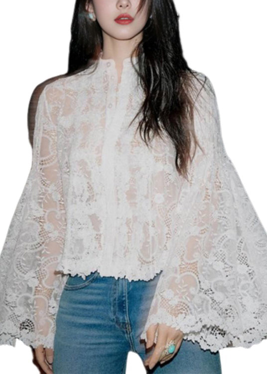 Stylish White Button Hollow Out Lace Blouses Flare Sleeve