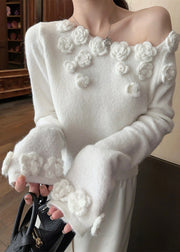 Stylish White Cold Shoulder Solid Knit Sweater Winter