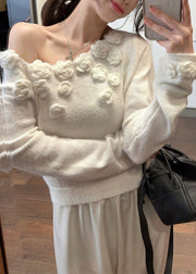 Stylish White Cold Shoulder Solid Knit Sweater Winter