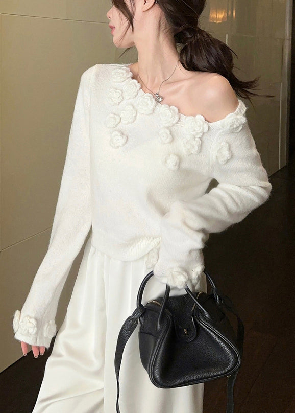 Stylish White Cold Shoulder Solid Knit Sweater Winter